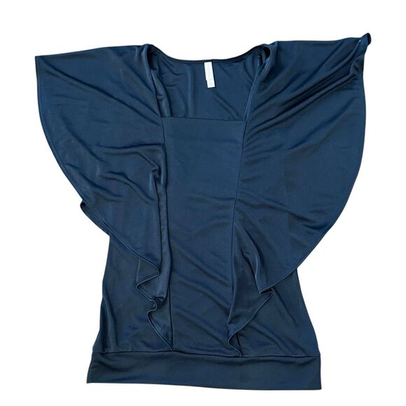 Women’s Navy Flutter Sleeve Drape Front Top Sz M Square Neck Stretchy Blouse Y2K - Picture 5 of 5